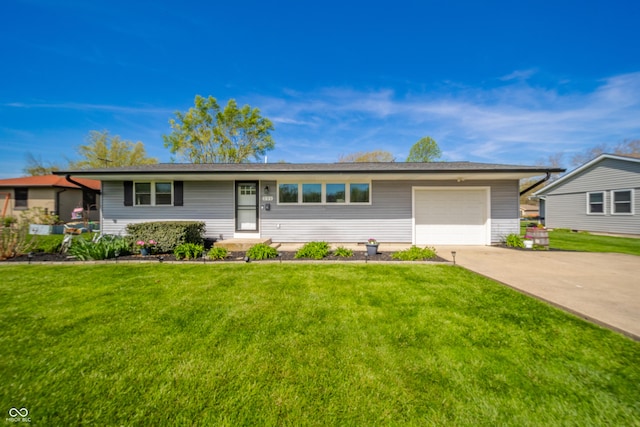 ranch-style house with an attached garage, concrete driveway, and a front lawn