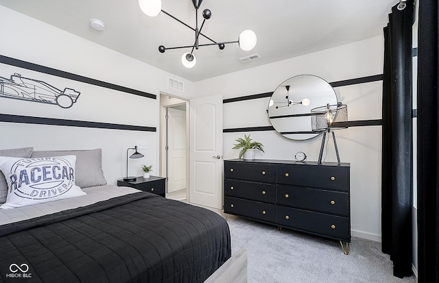 bedroom with light carpet, baseboards, and visible vents