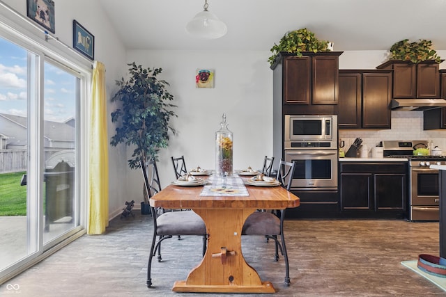 1666 Huntzinger Blvd, Pendleton, IN 46064 - kitchen with dark brown cabinets, wood finished floors, stainless steel appliances, under cabinet range hood, and tasteful backsplash