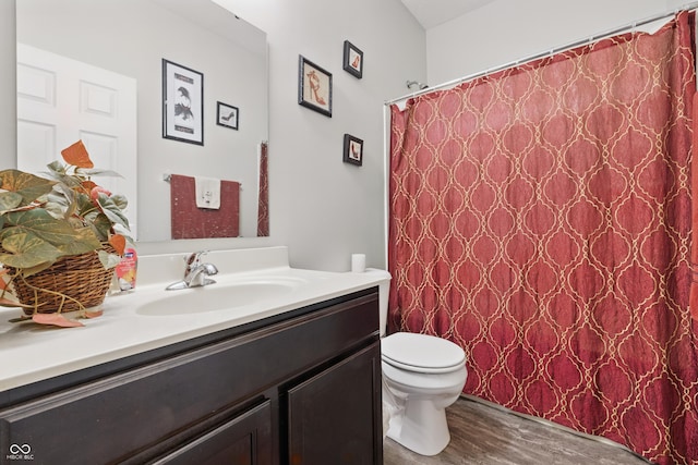 1666 Huntzinger Blvd, Pendleton, IN 46064 - full bathroom with vanity, toilet, a shower with curtain, and wood finished floors