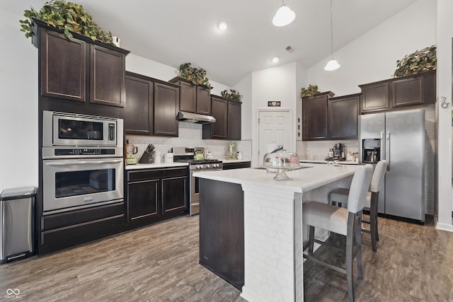 1666 Huntzinger Blvd, Pendleton, IN 46064 - kitchen featuring an island with sink, under cabinet range hood, light countertops, appliances with stainless steel finishes, and tasteful backsplash