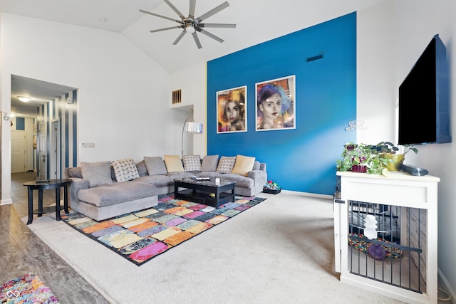 1666 Huntzinger Blvd, Pendleton, IN 46064 - living area featuring visible vents, a ceiling fan, baseboards, and high vaulted ceiling