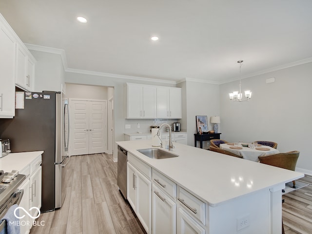 kitchen featuring a sink, light wood-style flooring, white cabinets, and stainless steel appliances