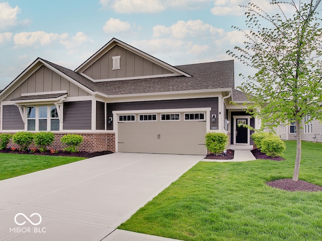 craftsman inspired home featuring board and batten siding, brick siding, an attached garage, and roof with shingles