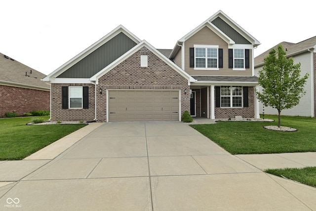 craftsman-style home with brick siding, an attached garage, a front yard, and concrete driveway