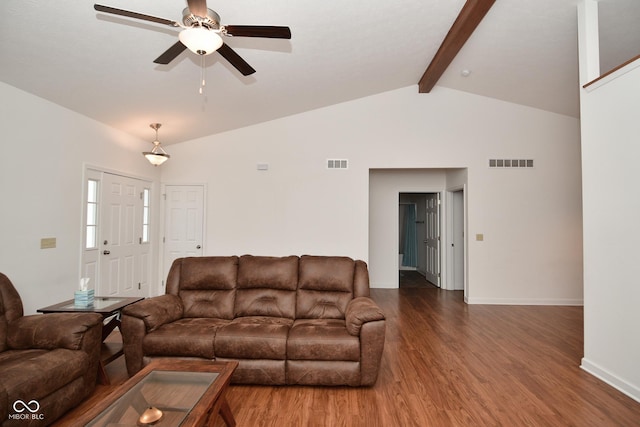 1623 W Stoneybrook Ln, Crawfordsville, IN 47933 - living room featuring ceiling fan, wood finished floors, beamed ceiling, baseboards, and high vaulted ceiling