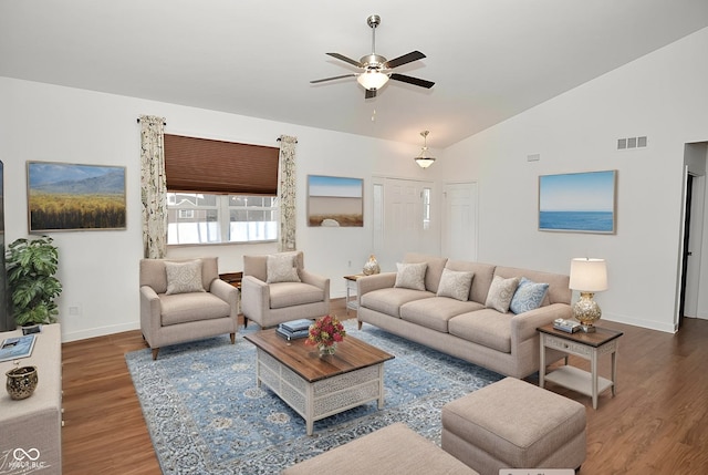 1623 W Stoneybrook Ln, Crawfordsville, IN 47933 - living area featuring baseboards, wood finished floors, vaulted ceiling, and ceiling fan