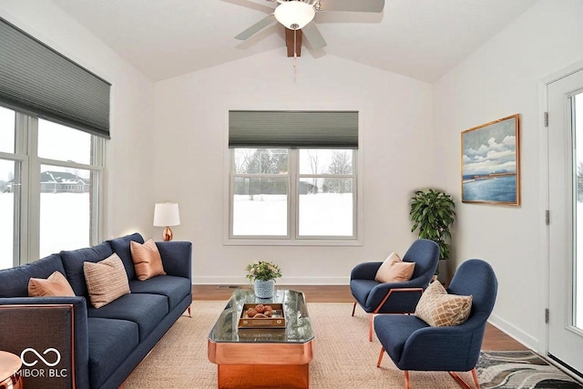 1623 W Stoneybrook Ln, Crawfordsville, IN 47933 - living area with vaulted ceiling, wood finished floors, ceiling fan, and baseboards