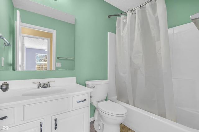 15329 Smithfield Dr, Westfield, IN 46074 - bathroom featuring vanity, shower / bath combo, toilet, and a textured ceiling