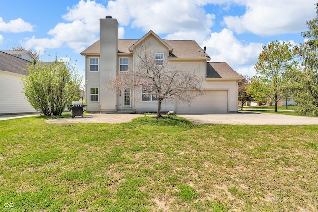 15329 Smithfield Dr, Westfield, IN 46074 - view of front of property featuring roof with shingles, a garage, a front yard, a chimney, and driveway
