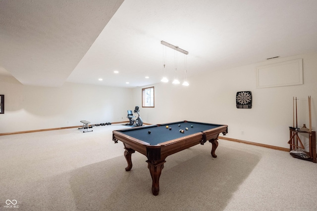 recreation room featuring pool table, carpet, baseboards, and recessed lighting