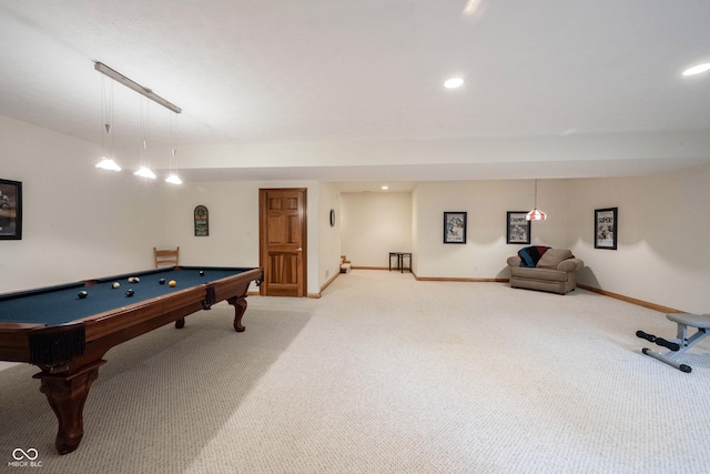 recreation room featuring baseboards, light carpet, recessed lighting, and billiards