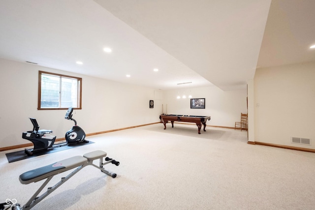 workout room with recessed lighting, visible vents, baseboards, and pool table
