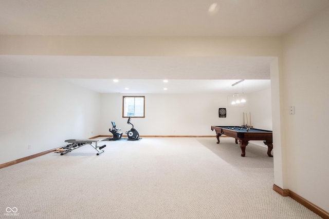 recreation room featuring billiards, light colored carpet, baseboards, and recessed lighting