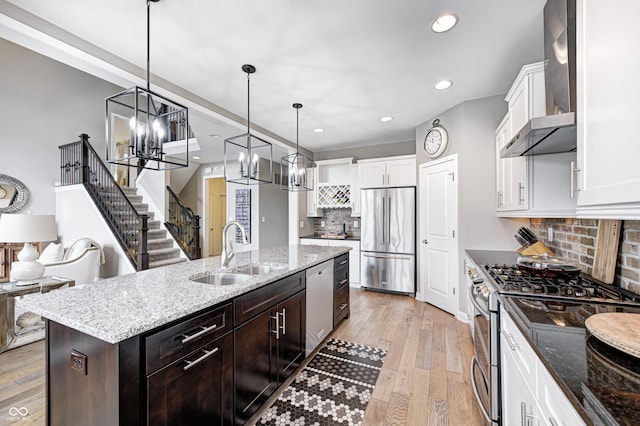 kitchen with white cabinets, stainless steel appliances, a sink, and backsplash