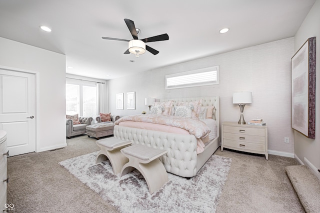 carpeted bedroom with a ceiling fan, baseboards, and recessed lighting