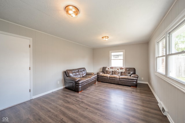 living area with dark wood-style flooring, visible vents, and a wealth of natural light
