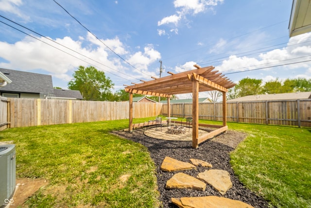 view of yard featuring a fenced backyard, a pergola, central AC unit, and an outdoor fire pit