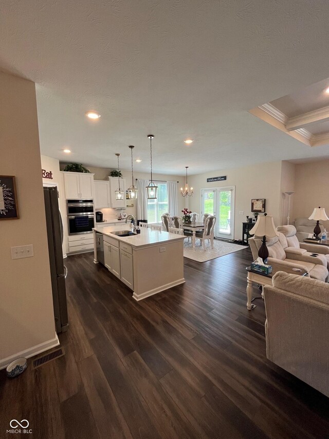 kitchen with appliances with stainless steel finishes, a sink, light countertops, open floor plan, and dark wood-style floors