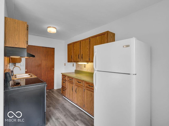 kitchen featuring freestanding refrigerator, wood finished floors, under cabinet range hood, a sink, and range