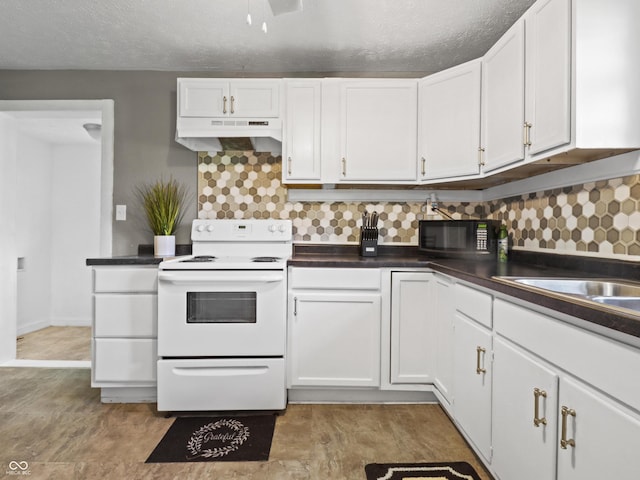 1401 E 24th St, Muncie, IN 47302 - kitchen with white electric stove, under cabinet range hood, black microwave, backsplash, and white cabinetry