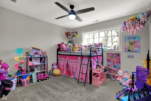bedroom featuring carpet floors, ceiling fan, and visible vents