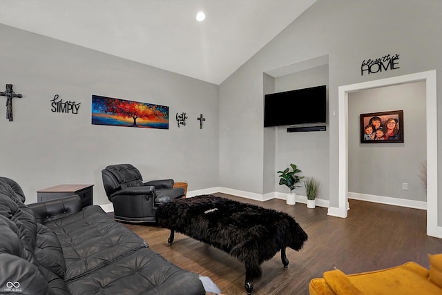 living room featuring baseboards, dark wood finished floors, and high vaulted ceiling