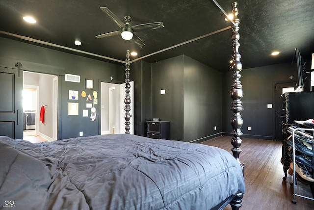 bedroom featuring recessed lighting, baseboards, visible vents, and wood finished floors