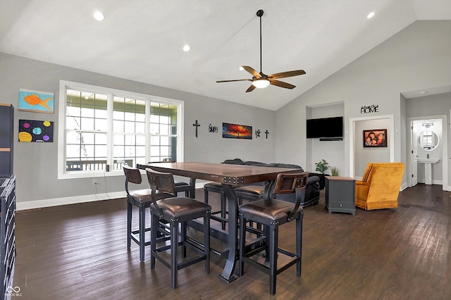 dining area with recessed lighting, baseboards, a ceiling fan, and dark wood finished floors