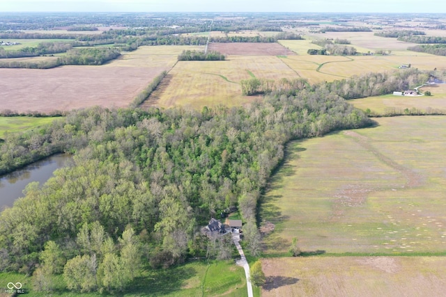 bird's eye view featuring a water view and a rural view