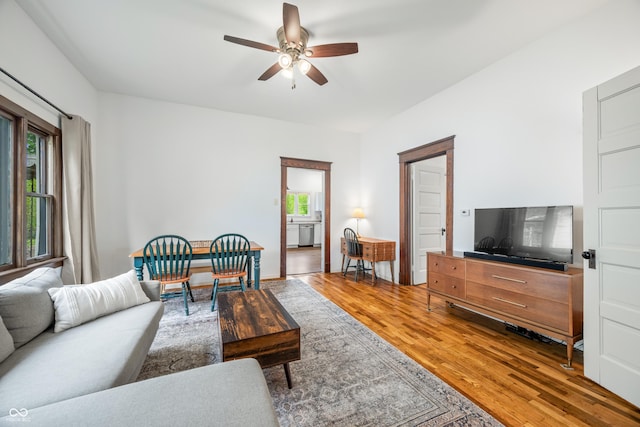 living area with a ceiling fan and light wood finished floors