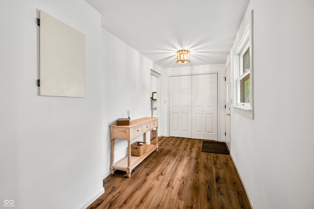 doorway featuring an inviting chandelier, baseboards, and wood finished floors