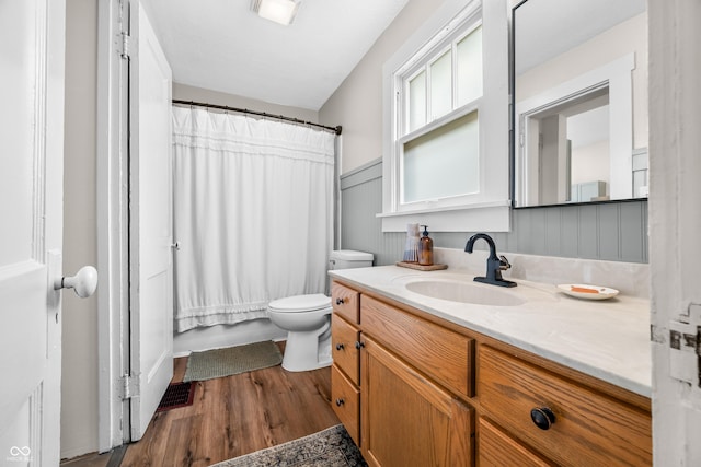 bathroom featuring vanity, wood finished floors, and toilet