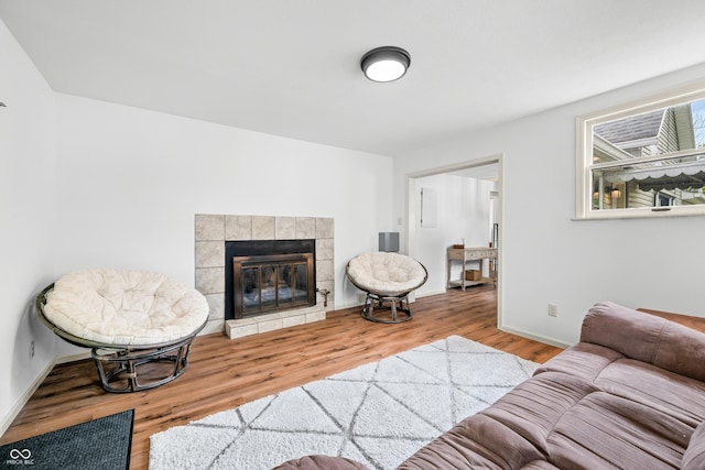 living room featuring baseboards, wood finished floors, and a fireplace