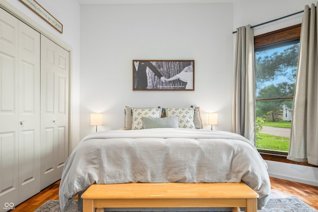 bedroom with wood finished floors and a closet