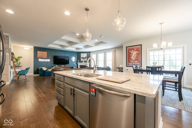kitchen featuring gray cabinets, dishwasher, a sink, dark wood-style floors, and coffered ceiling