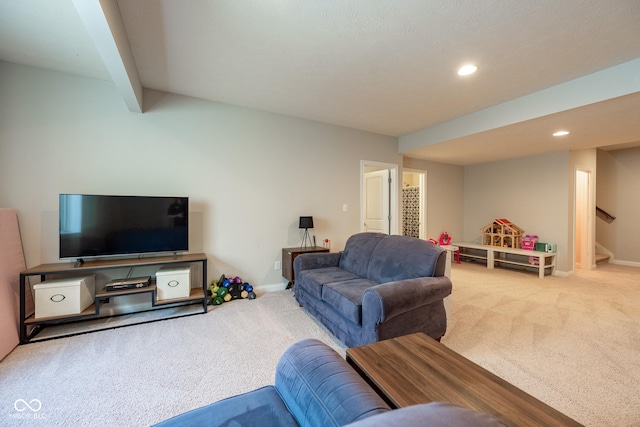 carpeted living room with stairway, baseboards, and recessed lighting