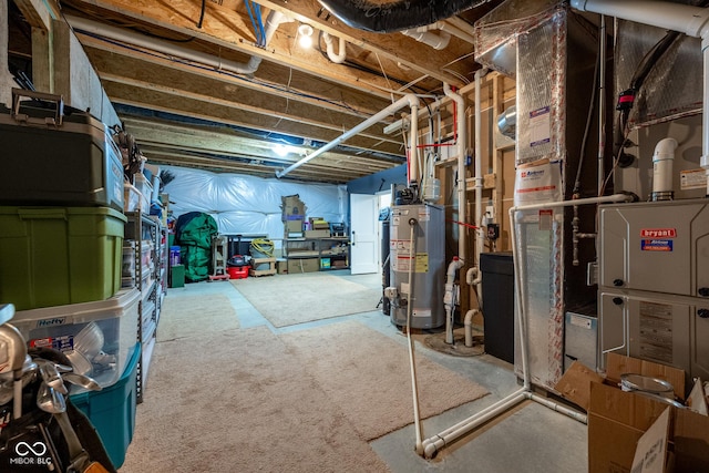 unfinished below grade area with heating unit and gas water heater