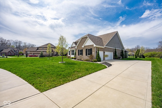 view of property exterior with a lawn, brick siding, an attached garage, and driveway
