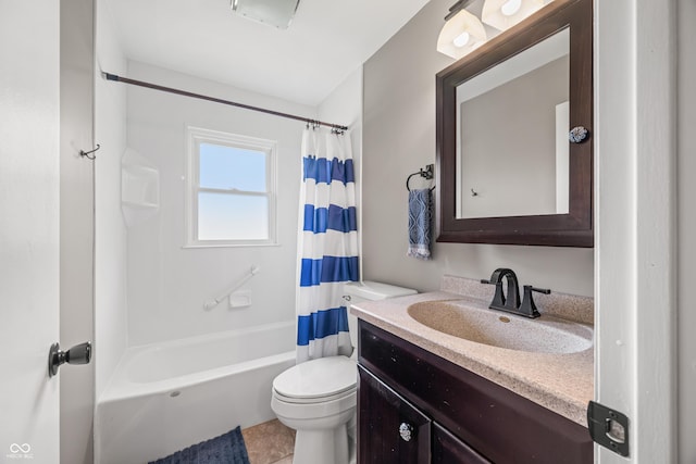 full bath with vanity, shower / bathtub combination with curtain, tile patterned flooring, and toilet
