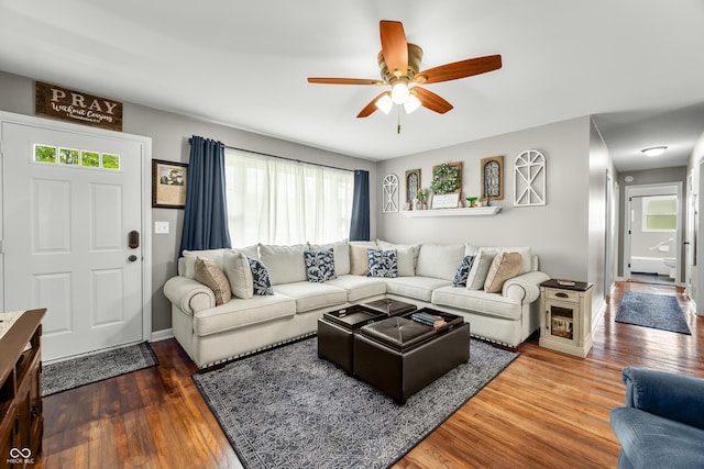 living area featuring ceiling fan and wood finished floors