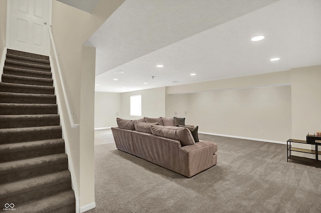living area featuring carpet floors, stairs, recessed lighting, and baseboards