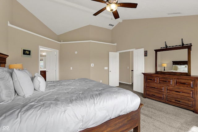 carpeted bedroom featuring high vaulted ceiling, a ceiling fan, and ensuite bathroom