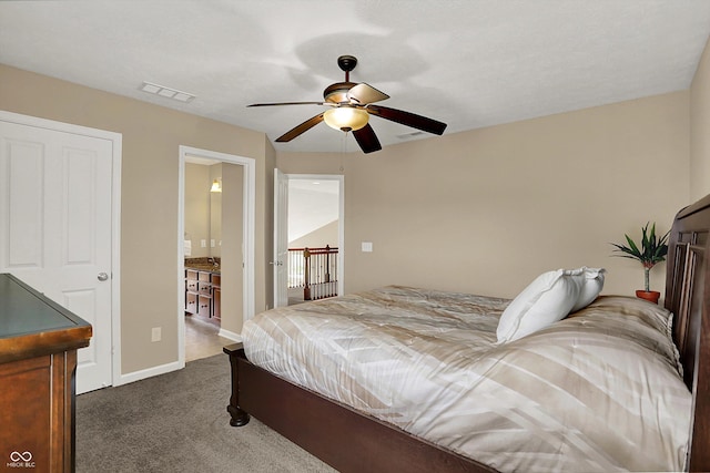 bedroom featuring dark colored carpet, baseboards, and ceiling fan