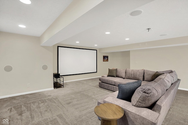 home theater with carpet, baseboards, and recessed lighting