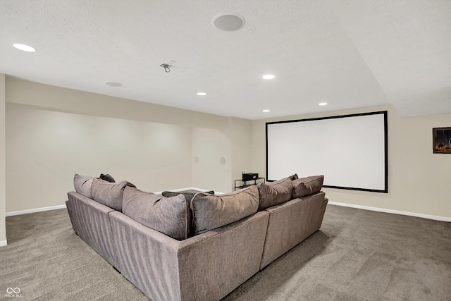 home theater room featuring carpet, baseboards, and recessed lighting
