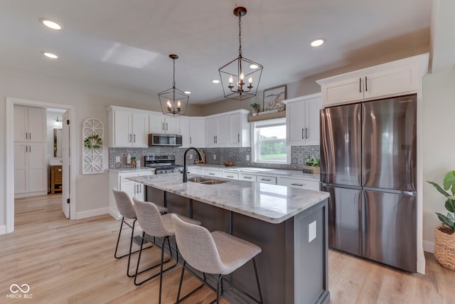 kitchen with a center island with sink, white cabinetry, a sink, appliances with stainless steel finishes, and backsplash