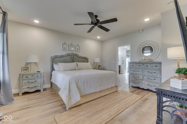 bedroom featuring recessed lighting, baseboards, a ceiling fan, and light wood finished floors