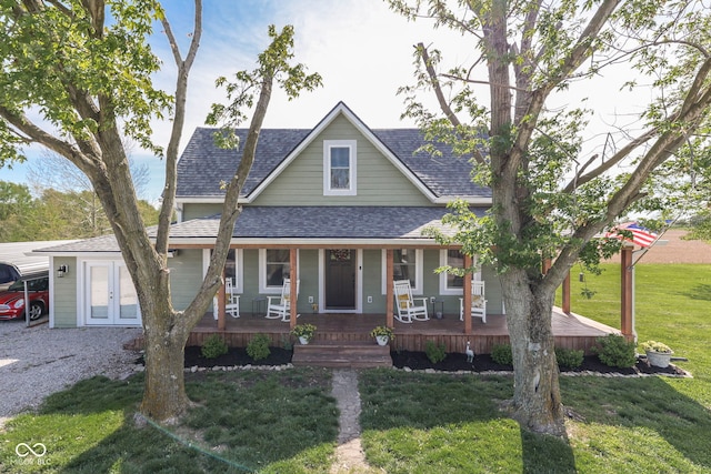 view of front of house with french doors, covered porch, a shingled roof, and a front lawn