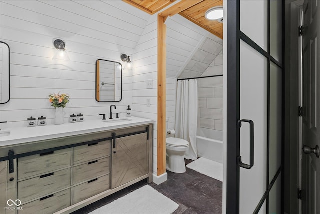 2450 S US-421, Zionsville, IN 46077 - bathroom with wood walls, a sink, toilet, lofted ceiling, and shower / bath combo with shower curtain